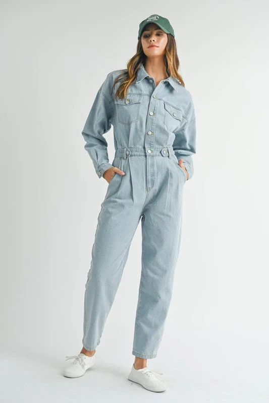 Referral Discount Tell Me About It Cinched Waist Denim Jumpsuit