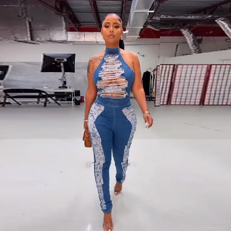 Unmissable Offer Women Fashion Sexy Backless Hole Sleeveless High Elastic Denim Jumpsuit