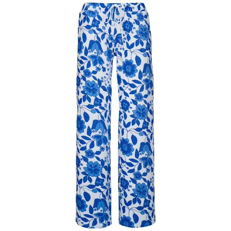 Price Meltdown Womens Floral Towelling Wide Leg Jogging Bottoms | Marine