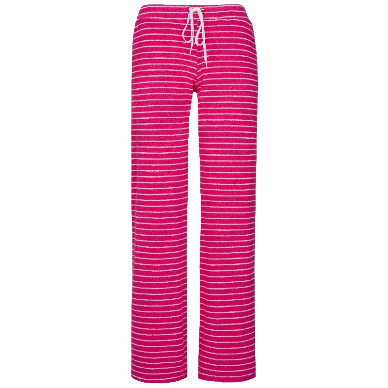 Discount Extravaganza Womens Striped Towelling Wide Leg Jogging Bottoms | Fuchsia & White Discount Extravaganza Womens Striped Towelling Wide Leg Jogging Bottoms | Fuchsia & White