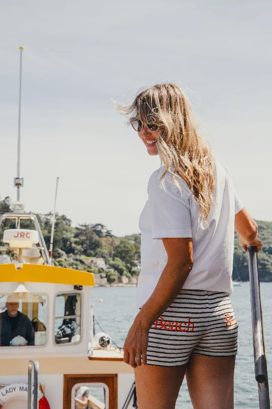 Buy Now Womens Striped Towelling Hipster Shorts | Ecru & Black