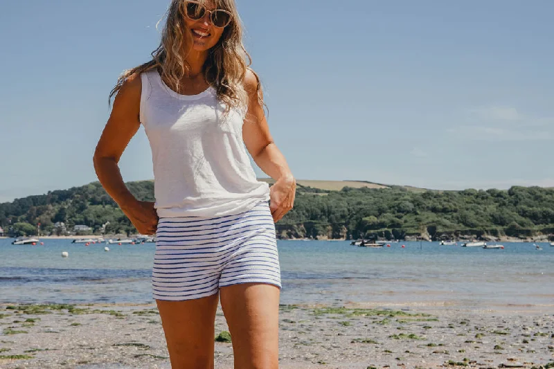 Discount Days Womens Striped Towelling Hipster Shorts | White & Marine
