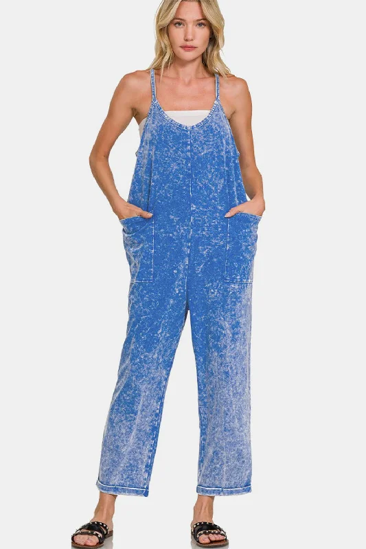 Big Discounts Zenana Washed Spaghetti Straps Overalls with Pockets In Blue