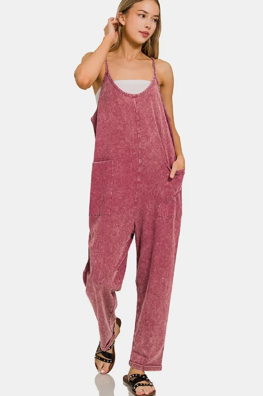 Can't Miss Zenana Washed Spaghetti Straps Overalls with Pockets In Burgundy